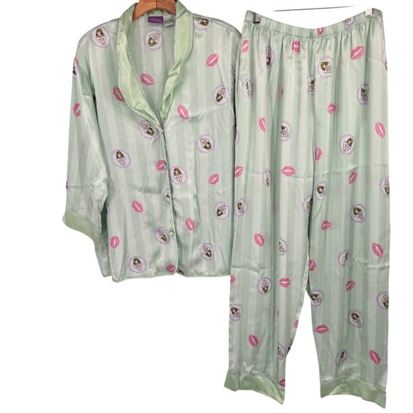 Suzanne Somers Loungewear Pajama Set Mint Green Lips  size large satin - Picture 1 of 11
